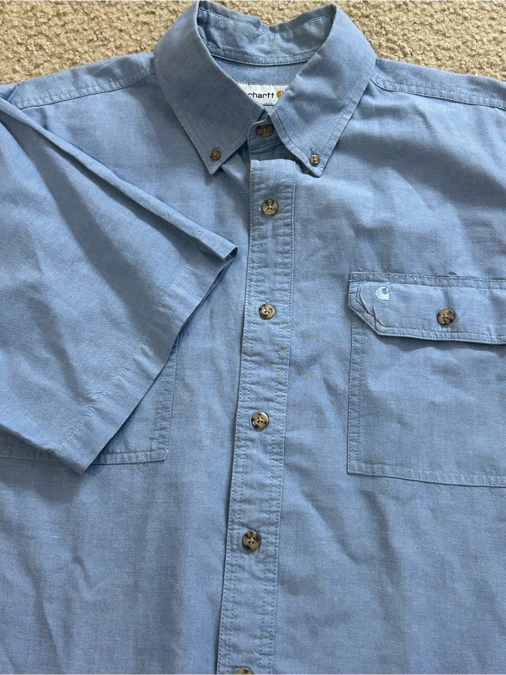 CARHARTT Short Sleeve Work Shirt Mens XL Blue Chambray Loose Fit Pockets
